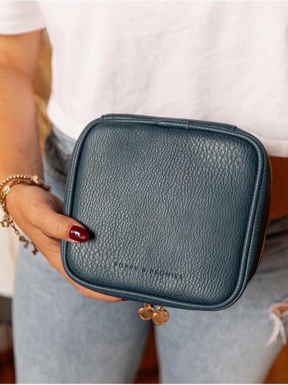 Poppy & Peonies Deep Teal Pebbled Leather Jewelry Case
